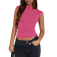 Top corto senza maniche da donna con collo alto e arricciature, canotta Y2k, vestibilità attillata, tinta unita, rosa rosso XL