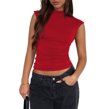 Top corto senza maniche da donna, con collo alto e arricciato, stile Y2k, vestibilità attillata, rosso XXL
