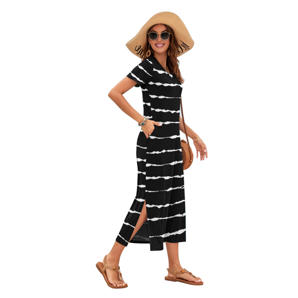 Women Summer Casual Loose Short Sleeve Long T Shirt Dress Split Maxi Beach Sundress Travel Vacation Outfits Black and White M