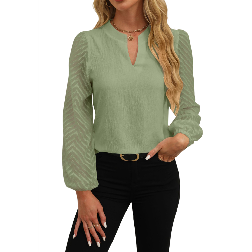 Womens Tops Dressy Casual Sheer Long Sleeve V Neck Shirts Loose Flowy Chiffon Business Work Blouses Green M