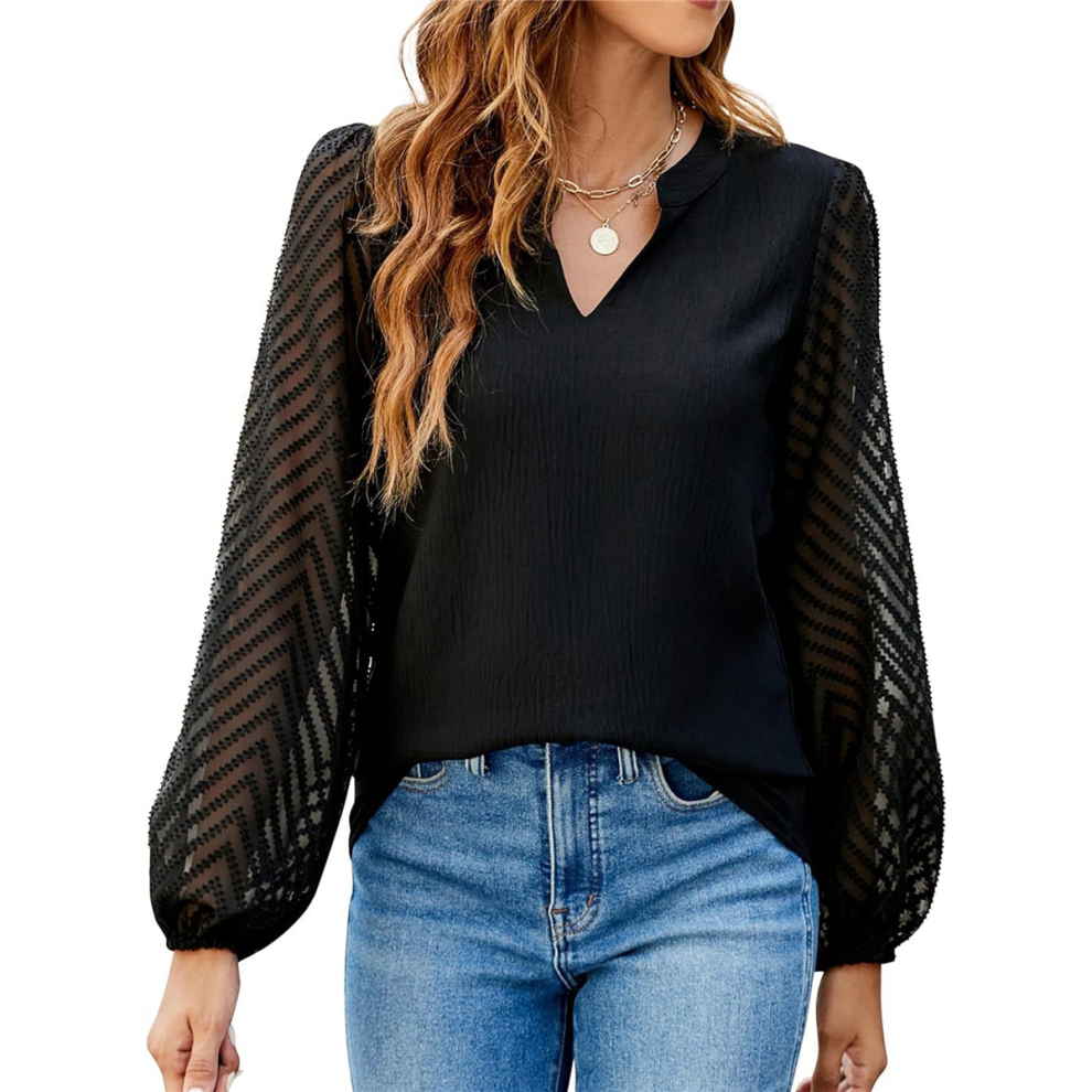 Chemisier ample et fluide en mousseline de soie pour femme, style décontracté, transparent, manches longues, col en V, noir, taille L