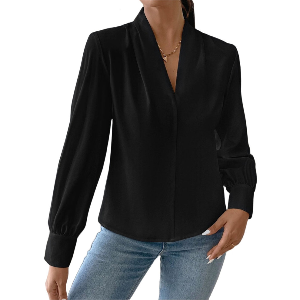 Damen Tops Trendy 2025 Langarmshirts Blusen Elegant Casual FrüHling Sommer Business Outfits Schwarz L-image