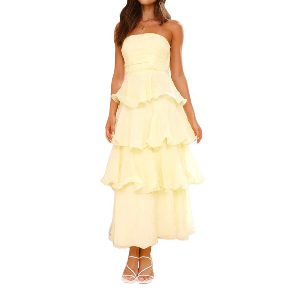 Robe longue d'été sans bretelles pour femme, à volants, à volants, dos nu, smockée, élégante, fluide, pour la plage, jaune, taille M