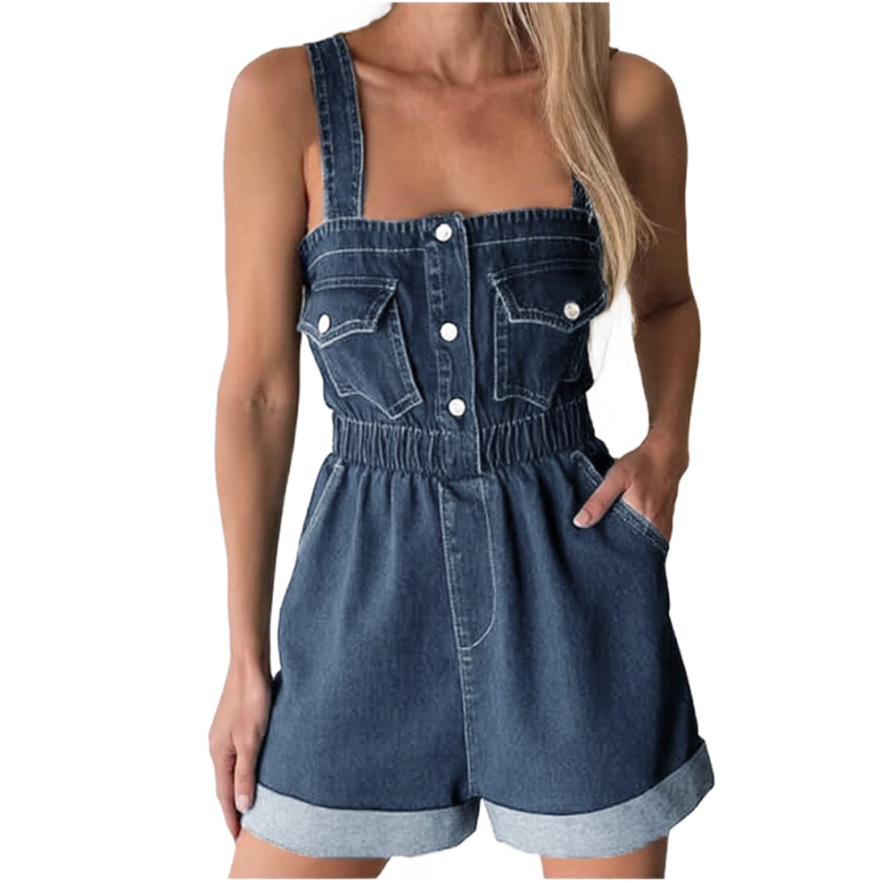Salopette courte en jean décontractée d'été pour femme, jolie combinaison à revers, bleu, taille M
