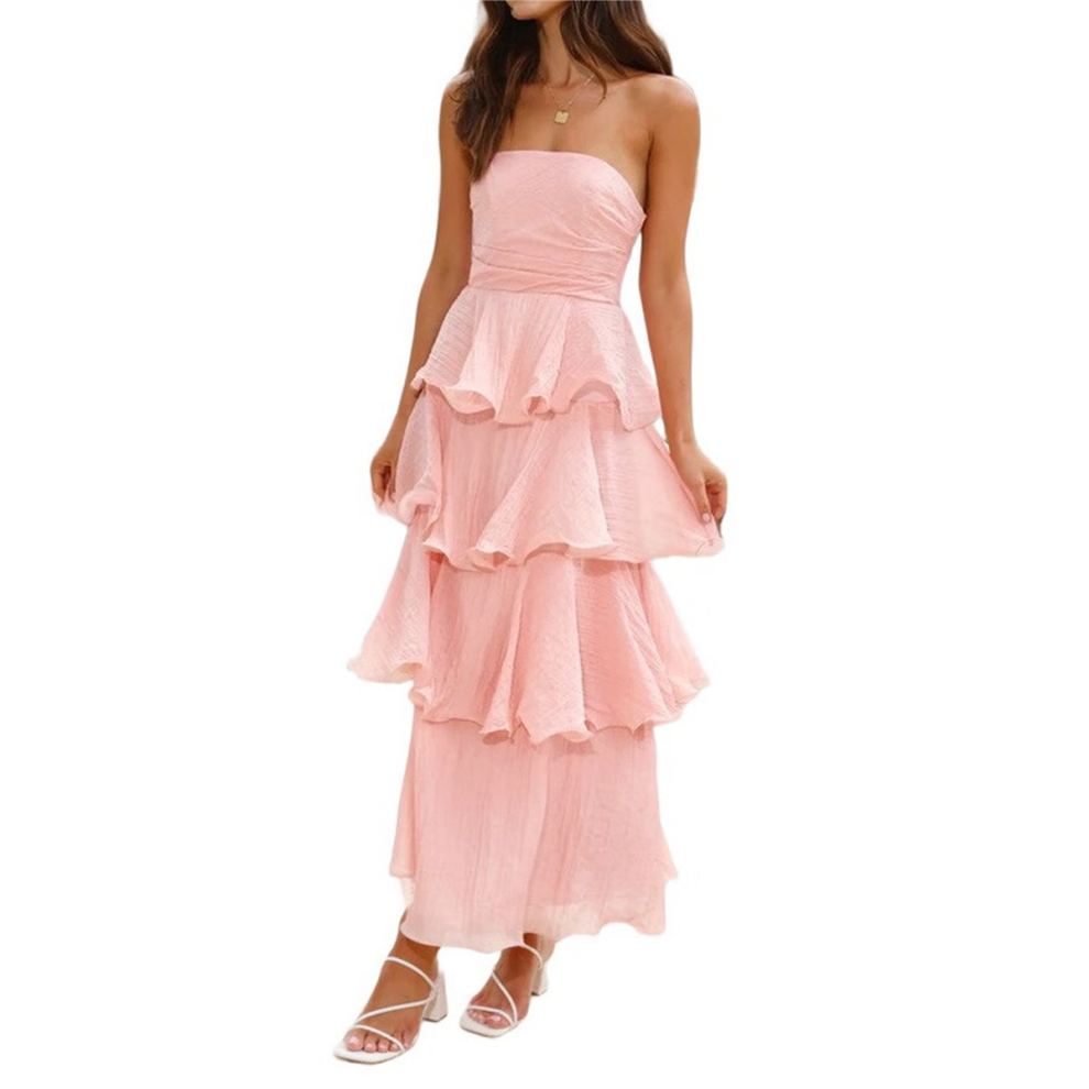 Robe longue d'été sans bretelles pour femme, à volants, à volants, dos nu, smockée, élégante, fluide, pour la plage, rose, taille XL