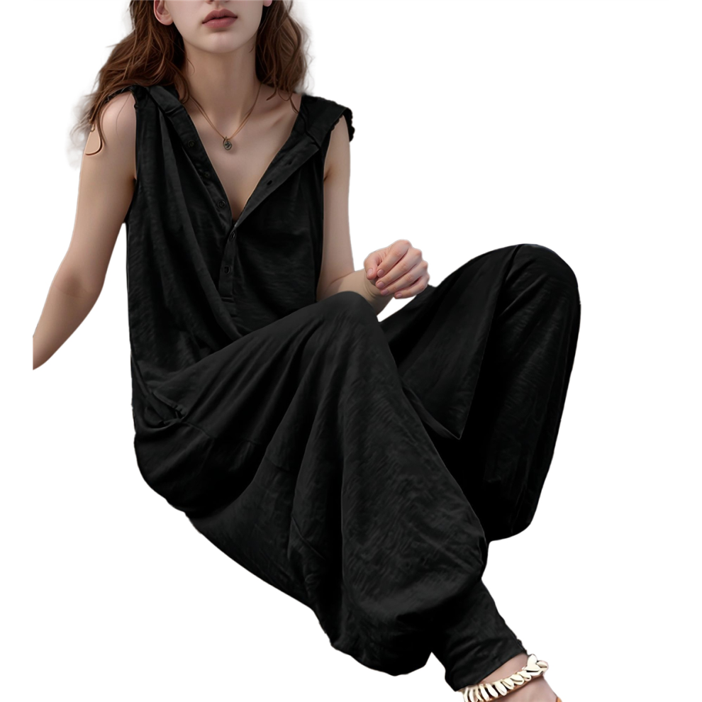 Combinaison boutonnée à capuche sans manches pour femme, salopette avec poches, noire, taille L