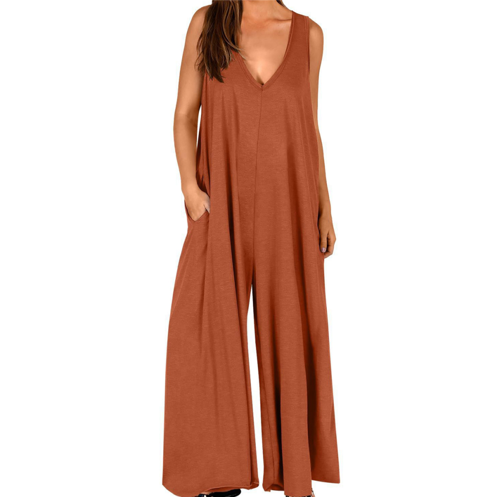 Women'S Casual Summer Loose Jumpsuits Sleeveless Tank V Neck Wide Leg Long Rompers Baggy with Pockets Brown 01 XXL-image-OPC-PHD6FH5-NEW
