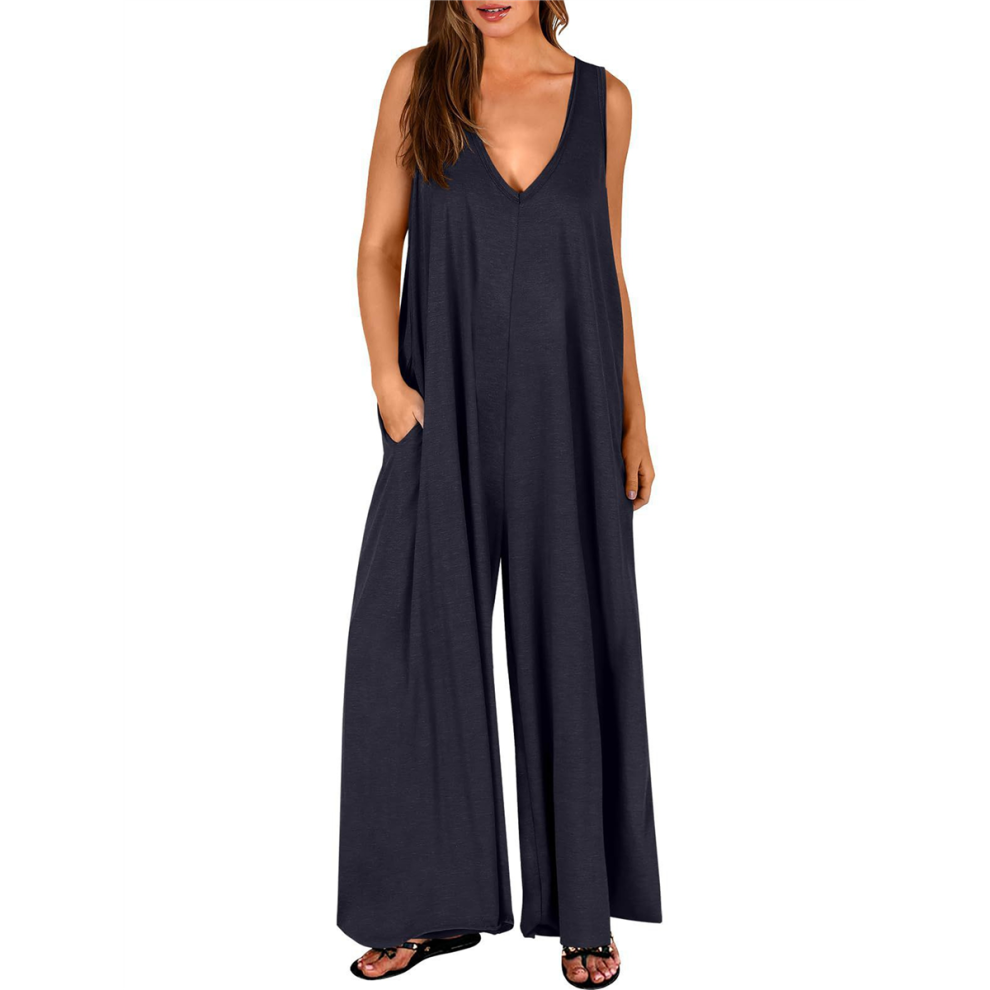 Women'S Casual Summer Loose Jumpsuits Sleeveless Tank V Neck Wide Leg Long Rompers Baggy Jumper with Pockets Black XL-image-OPC-PHD6FJZ-NEW