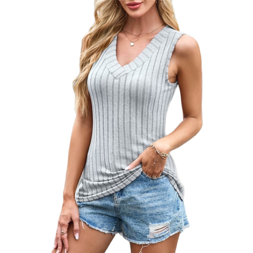Débardeurs pour femmes, col en V, pulls d'été, gilet léger, ourlet incurvé, mode printemps-été, plage, gris, taille S