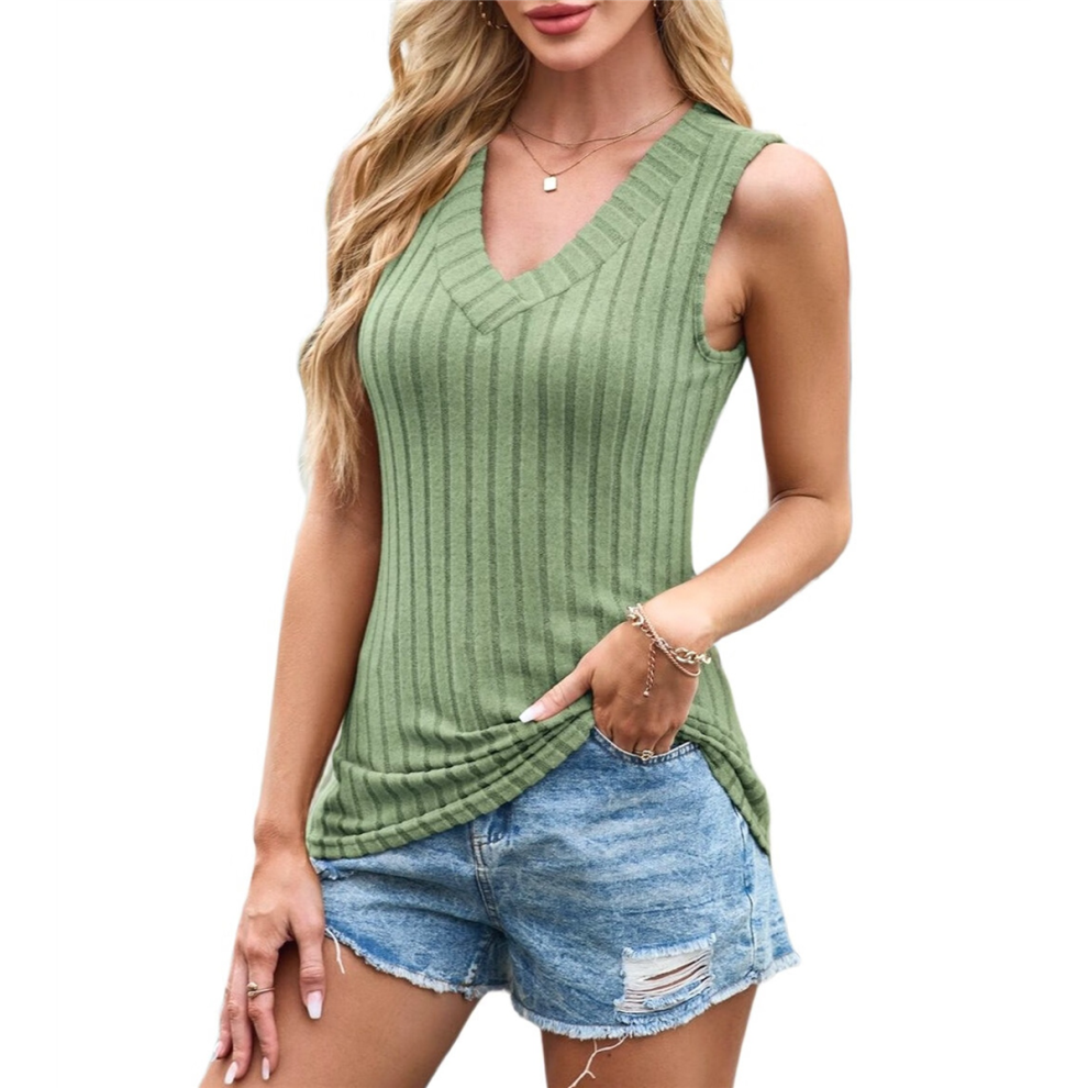 Débardeurs pour femmes, col en V, pulls d'été, gilet léger, ourlet incurvé, mode printemps-été, plage, vert, L