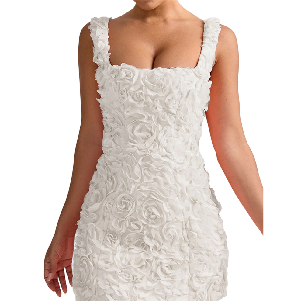 2025 Women'S Summer 3D Floral Dress Sleeveless Fashion Party Short Cocktail White XL
