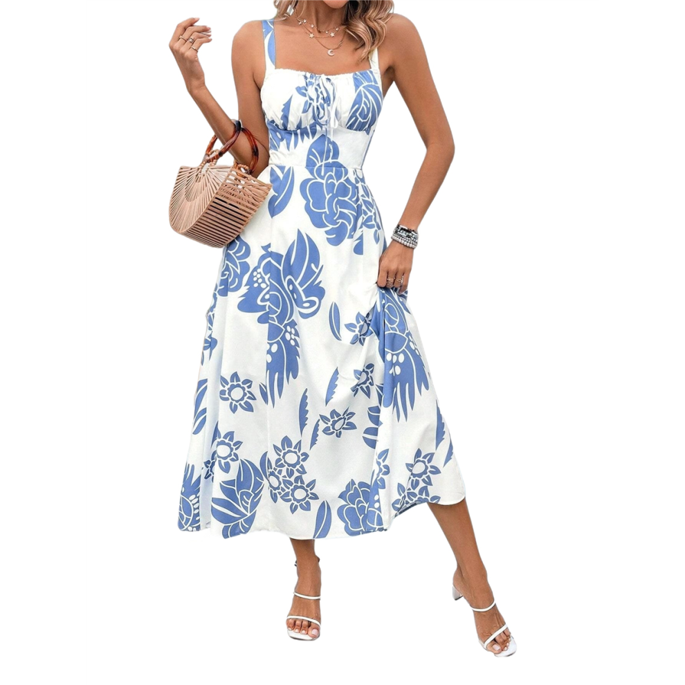 Robe longue d'été pour femme, imprimé floral, bretelles spaghetti réglables, robe de plage, longue, blanche, taille XXL, 2025