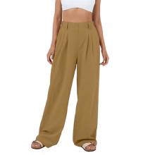 Calças de terno femininas de perna larga, corte solto, cintura alta elástica, calças compridas casuais de negócios, cúrcuma M