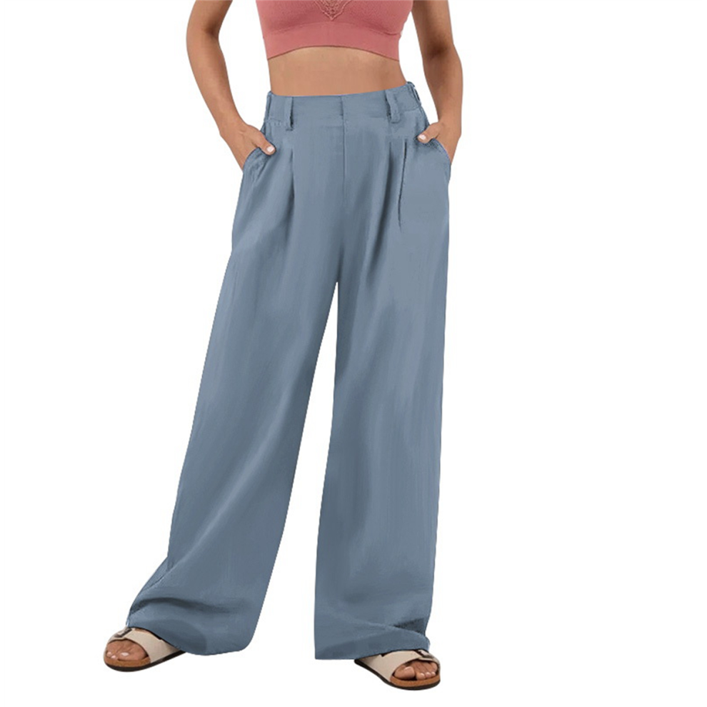 Pantalon de costume ample à jambes larges pour femme, coupe ample, taille haute élastique, style décontracté, bleu marine, taille L
