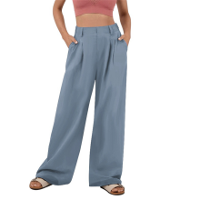 Calças de terno femininas de perna larga, corte solto, cintura alta elástica, calças compridas casuais para negócios, azul-marinho M
