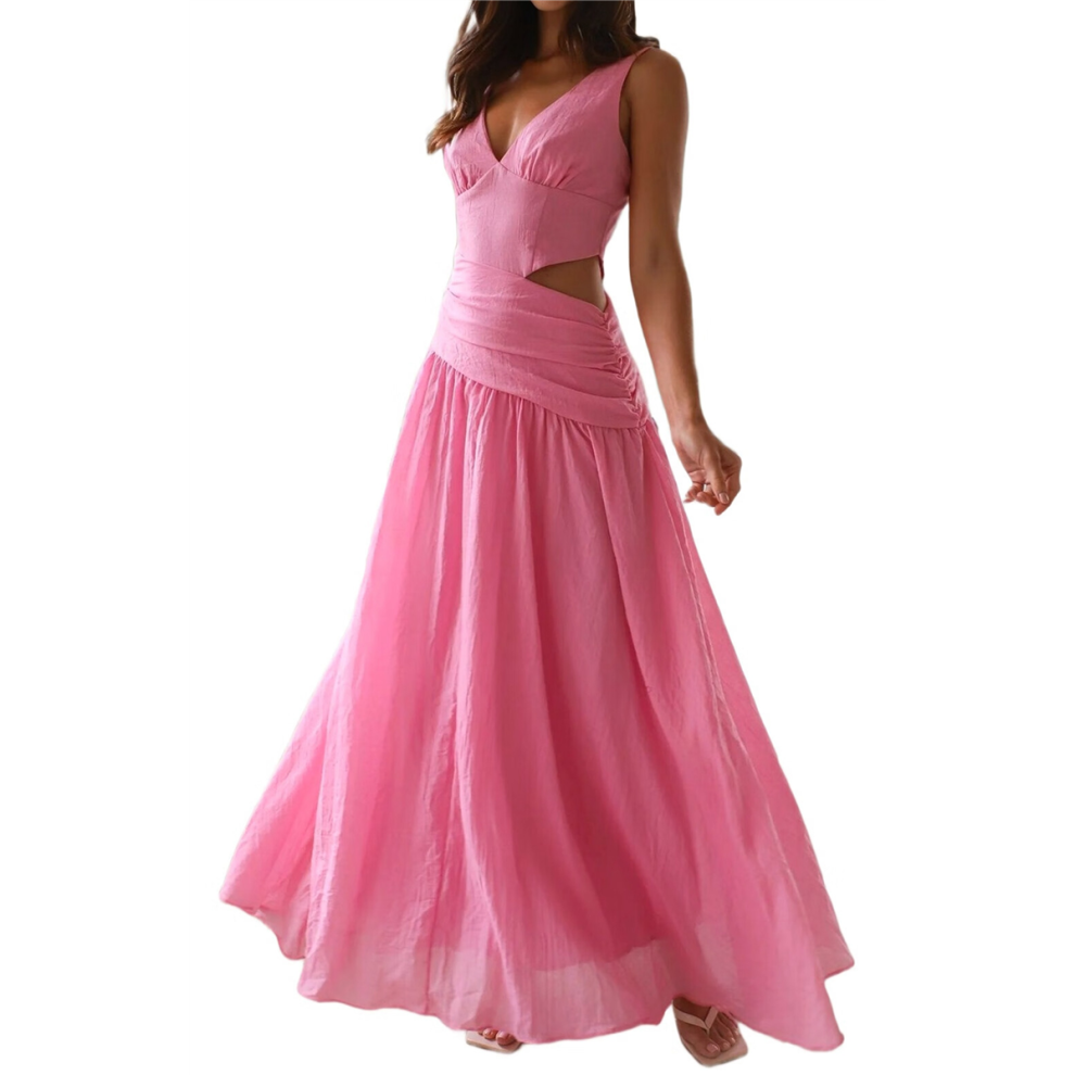 Robe longue d'été froncée à taille basse pour femme, tenue de soirée fluide, col en V, découpes et plissées, rose rouge, taille S