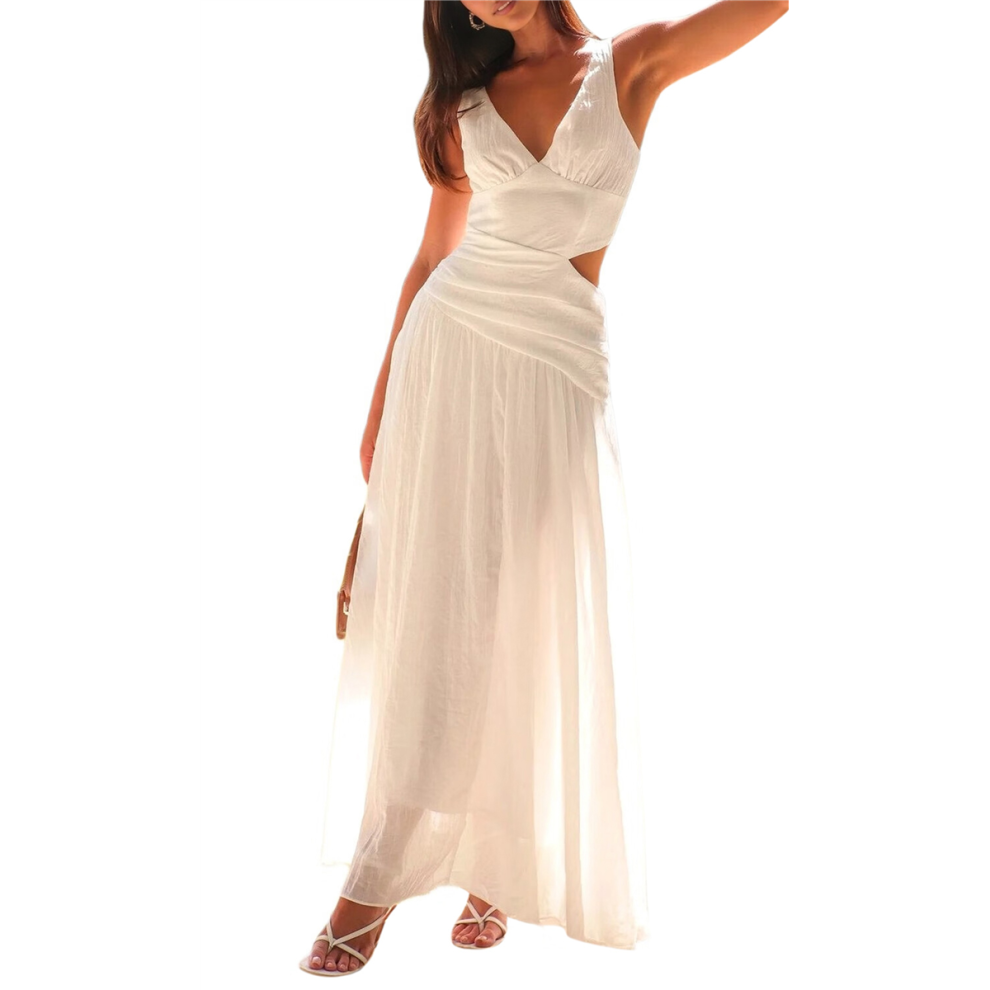 Robe longue d'été froncée à taille basse pour femme, tenue de soirée fluide, col en V, découpes et plis, blanche, taille L