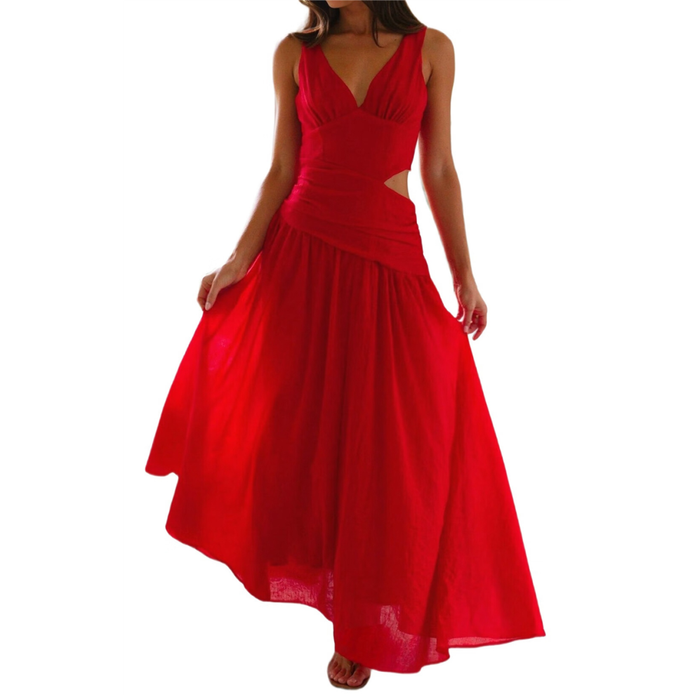 Robe longue d'été à taille basse et froncée pour femme, tenue de soirée fluide, col en V, découpes et plis, rouge, taille XL