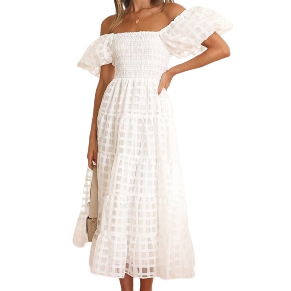 Robe longue trapèze à manches courtes bouffantes et col carré pour femme, smockée, à volants, blanche, taille XL