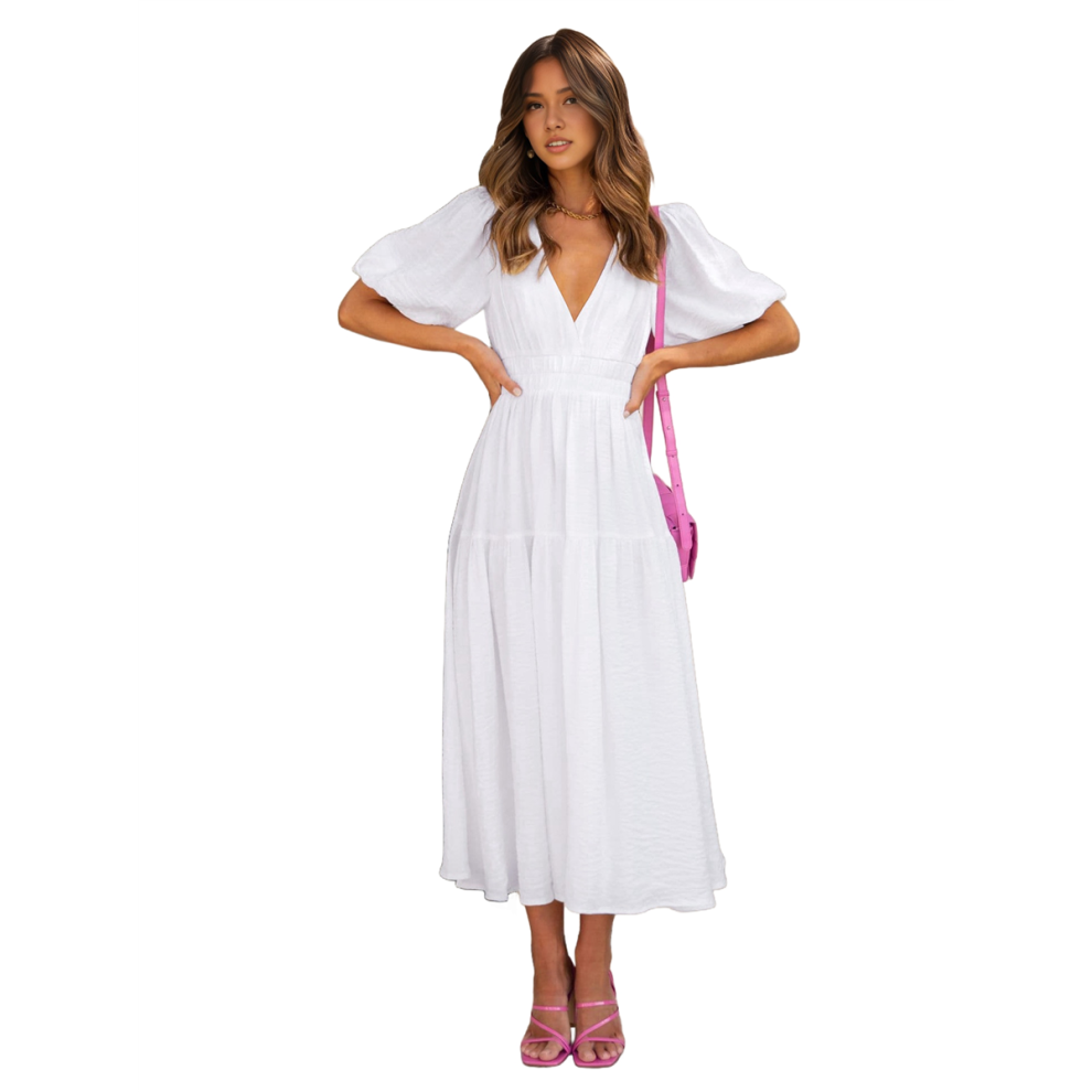 Robe mi-longue fluide à col en V profond et manches courtes bouffantes pour femme, taille haute, élastique, coupe trapèze, blanche, taille M