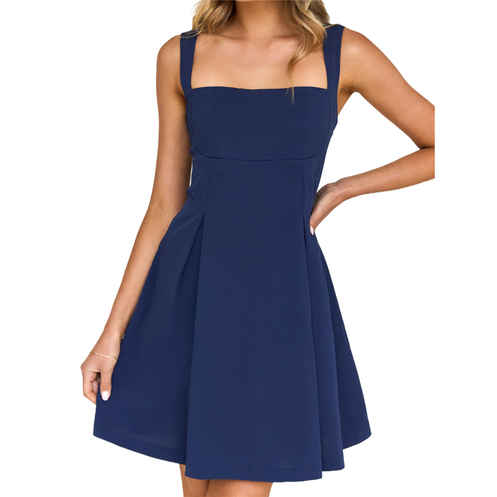 Robe courte sans manches pour femme, dos nu, col carré, bleu marine, taille XL