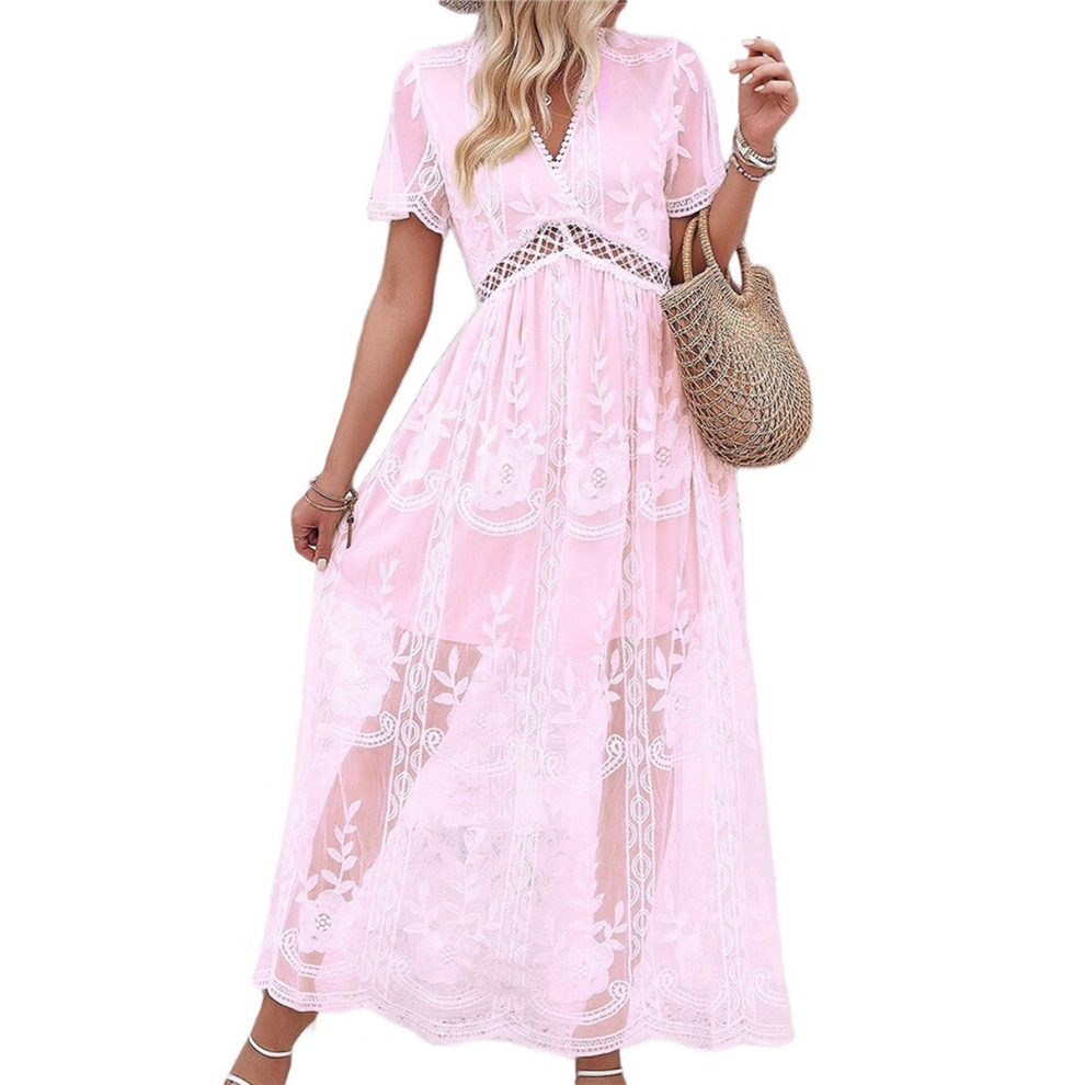 Robe de mariée en dentelle florale à manches courtes et col en V pour femme, tenue de cocktail, de demoiselle d'honneur, longue, rose, taille XL