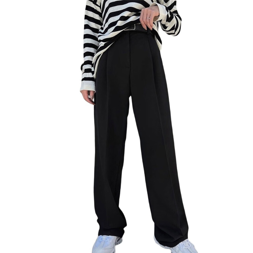 Pantalon de costume large pour femme, coupe ample, taille haute, décontracté, long, noir, taille S