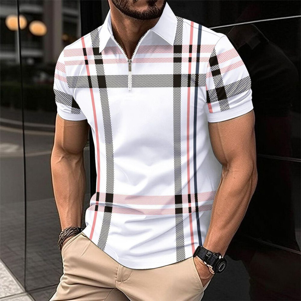 (white, L) Men's 2024 Summer Plaid Striped Polo Shirt with Zipper