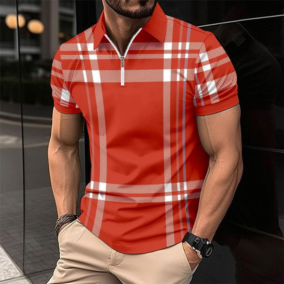 (red, XXXL) Men's 2024 Summer Plaid Striped Polo Shirt With Zipper
