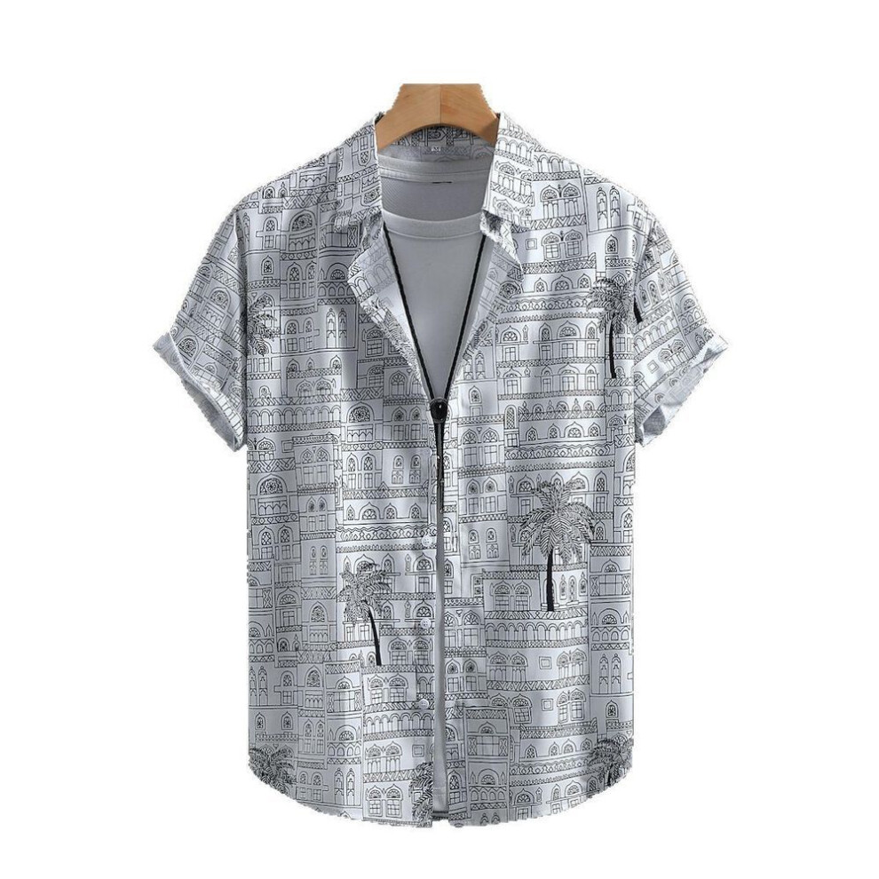 (M, as the picture) Men's Short-sleeve Shirt Palm Tree Line Design Shirt for Men Middle Eastern Style, Retro, Summer, New 2025 Collection.