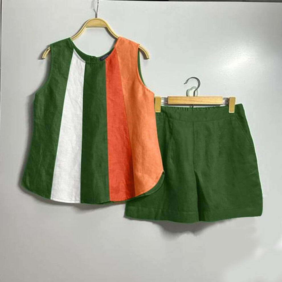 (green, S) ZANZEA Women Summer Round Neck Sleeveless Vest Pocket Shorts Sets