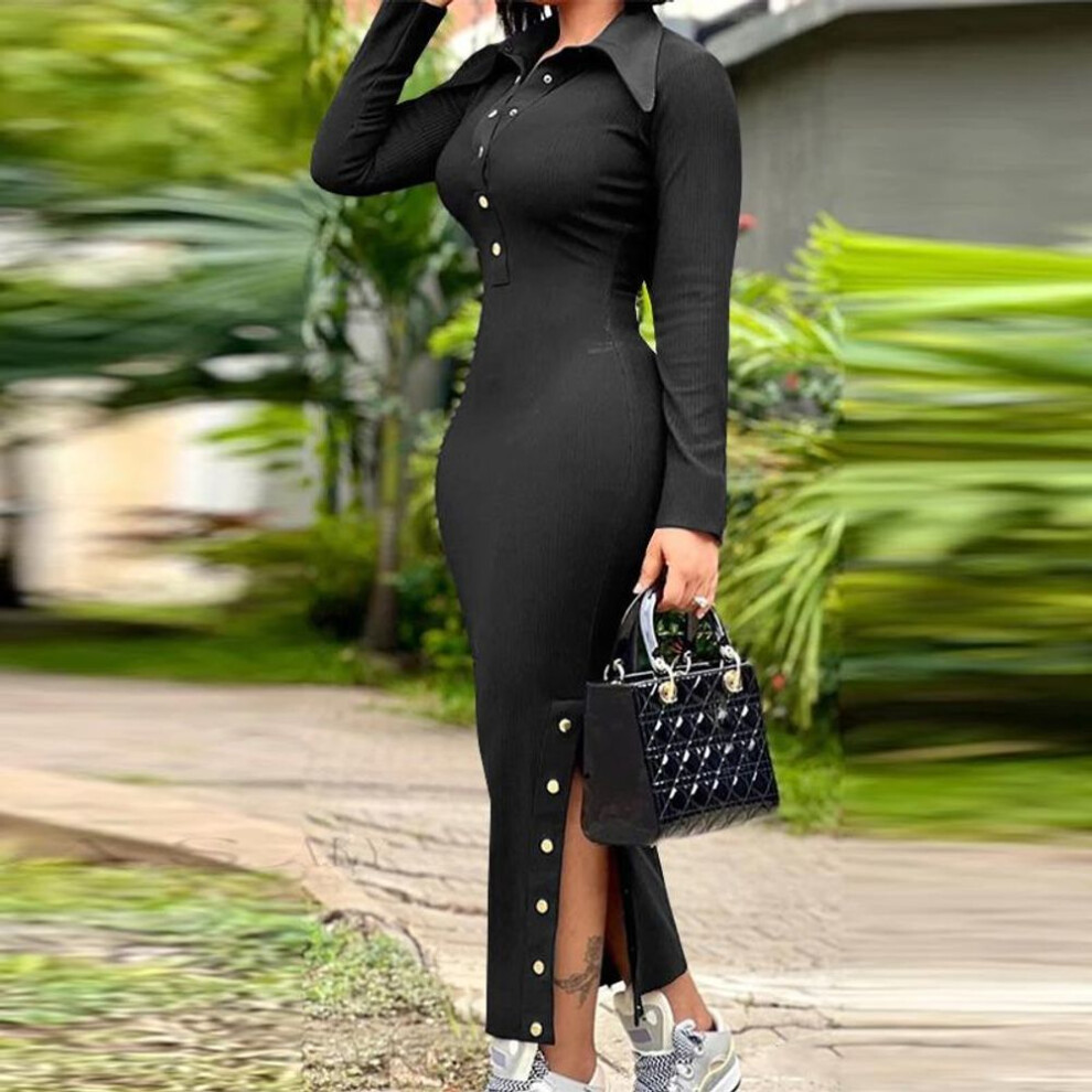 (black, 4XL) VONDA Women Vintage Lapel Long Sleeve Knitted Slit Dresses