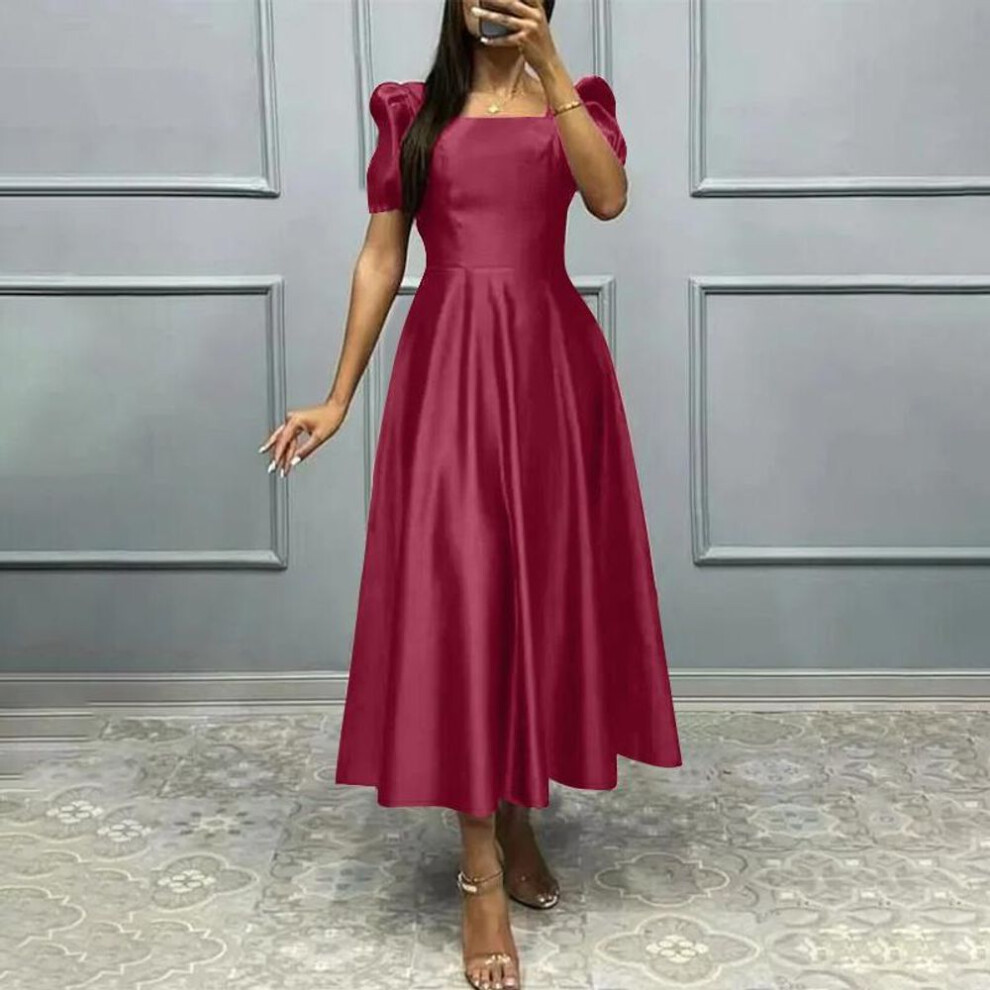 (wine red, L) ZANZEA Womens Casual Sqaure Collar Short Sleeve Summer Long Dress