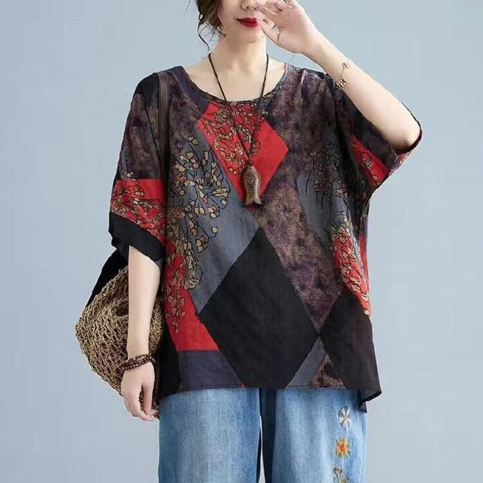 (XL, red) Women's Summer Printed Spliced Vintage T-shirt New Casual Loose Half Sleeve Round Neck Pullovers Tops Fashion Female Clothing