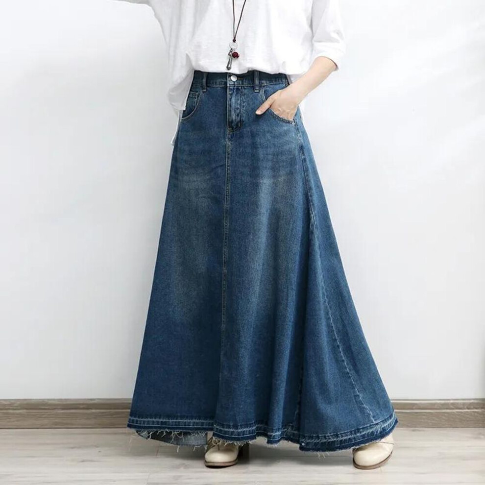 (XXXL, blue) Plus Size Denim Long Skirt Women's Autumn Thin Drape Half-length A-line Umbrella Skirt High Waist