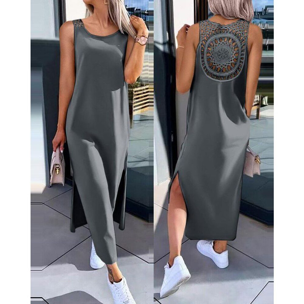 (dark gray, 3XL) Summer Sleeveless Back Lace Hollow Plus Size Women's Dress Fashion Slit Solid Loose Casual Dresses Women Round Neck Mid Length Slim Ladies Dress 26242