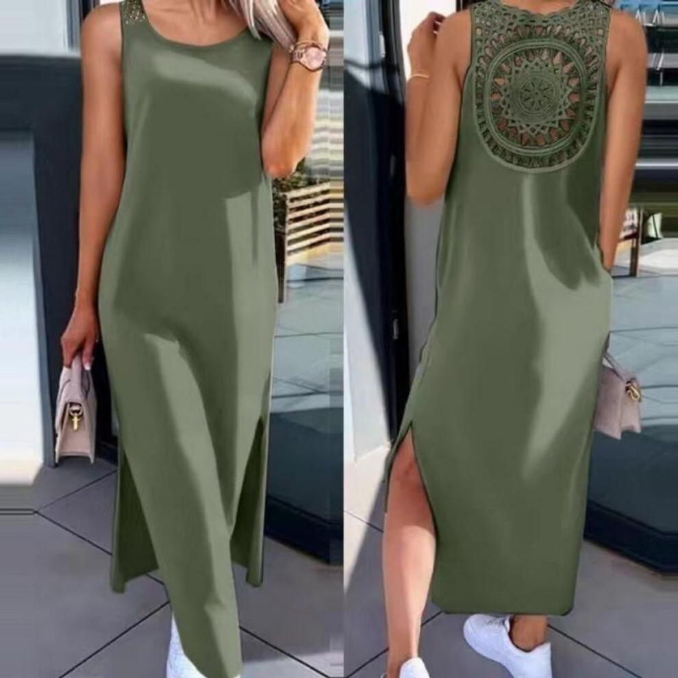 (army green, 4XL) Summer Sleeveless Back Lace Hollow Plus Size Women's Dress Fashion Slit Solid Loose Casual Dresses Women Round Neck Mid Length Slim Ladies Dress 26242