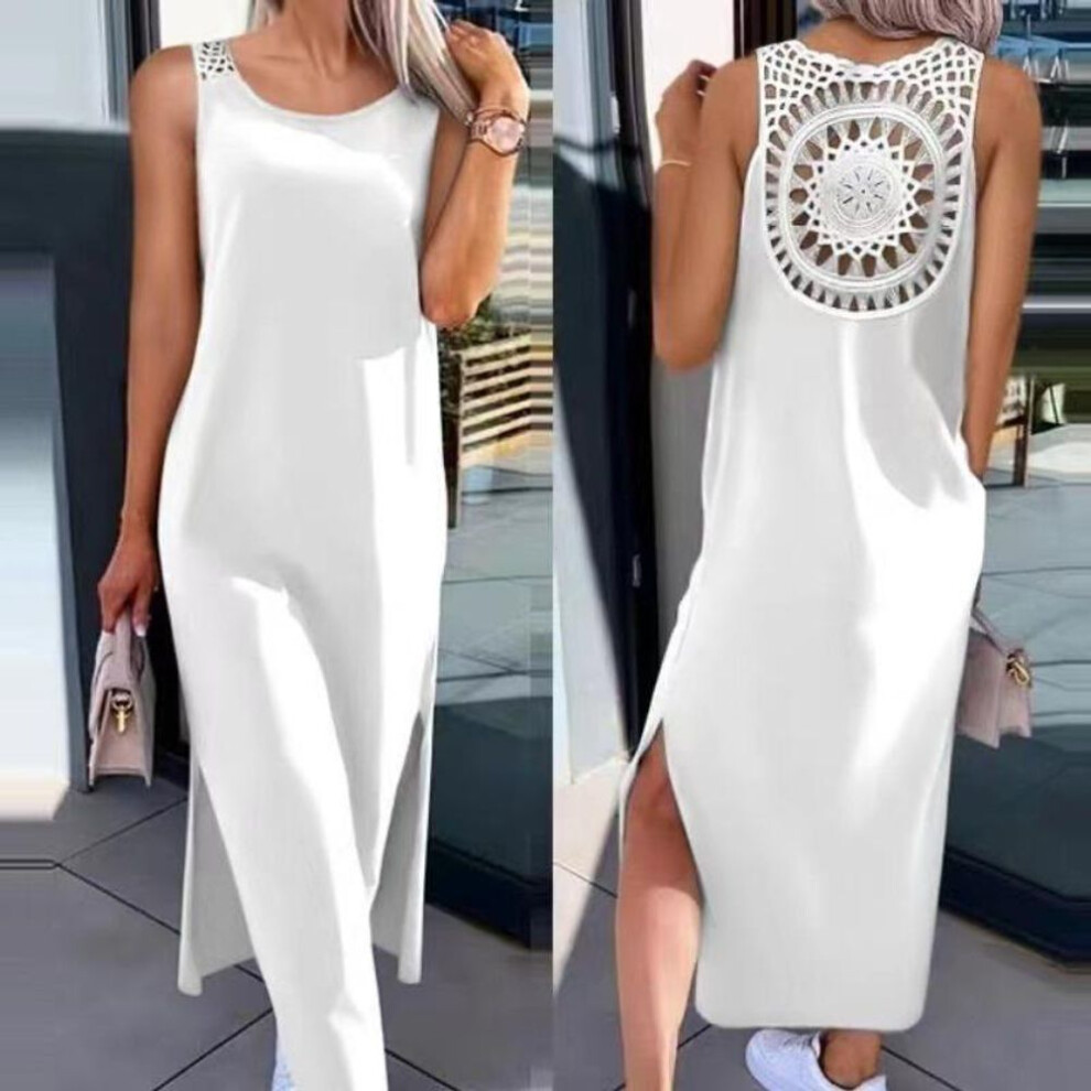 (white, 4XL) Summer Sleeveless Back Lace Hollow Plus Size Women's Dress Fashion Slit Solid Loose Casual Dresses Women Round Neck Mid Length Slim Ladies Dress 26242