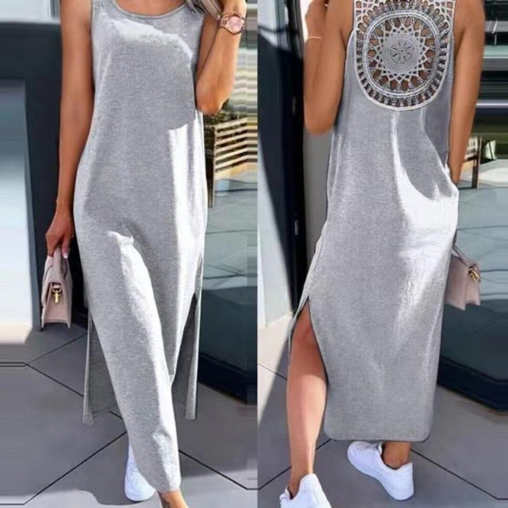 (light grey, 4XL) Summer Sleeveless Back Lace Hollow Plus Size Women's Dress Fashion Slit Solid Loose Casual Dresses Women Round Neck Mid Length Slim Ladies Dress 26242