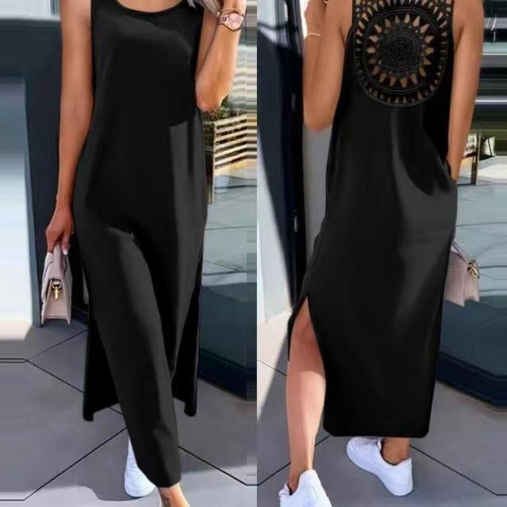(black, XXL) Summer Sleeveless Back Lace Hollow Plus Size Women's Dress Fashion Slit Solid Loose Casual Dresses Women Round Neck Mid Length Slim Ladies Dress 26242
