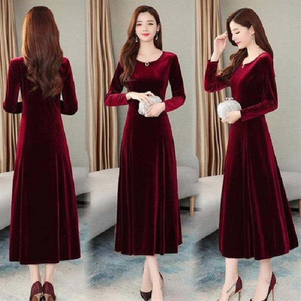 (wine red, M) Xiaoxiang Style Korean Velvet Large Size Slimming Autumn-Winter Dress for Women