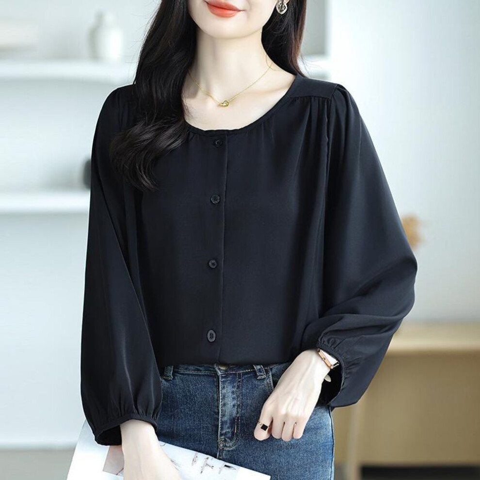 (L, black) Women Blouses Shirts 2025 Spring Long Sleeve Women Blouse Shirt O-Neck White Black Chiffon Blouse Shirt Women Tops J873