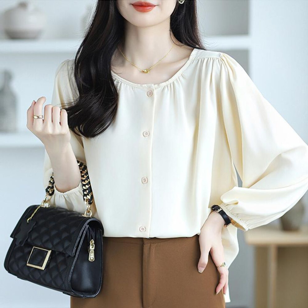 (L, beige) Women Blouses Shirts 2025 Spring Long Sleeve Women Blouse Shirt O-Neck White Black Chiffon Blouse Shirt Women Tops J873