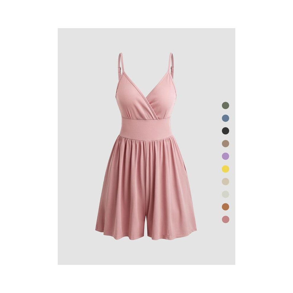 (Baby Pink, L) Women's Plain Backless Wrap Cami Romper, Casual Adjustable Spaghetti Strap Wide Leg Romper, Summer Outfits 2024, Ladies Clothes for Dai-image-OPC-PHD6SDB-NEW