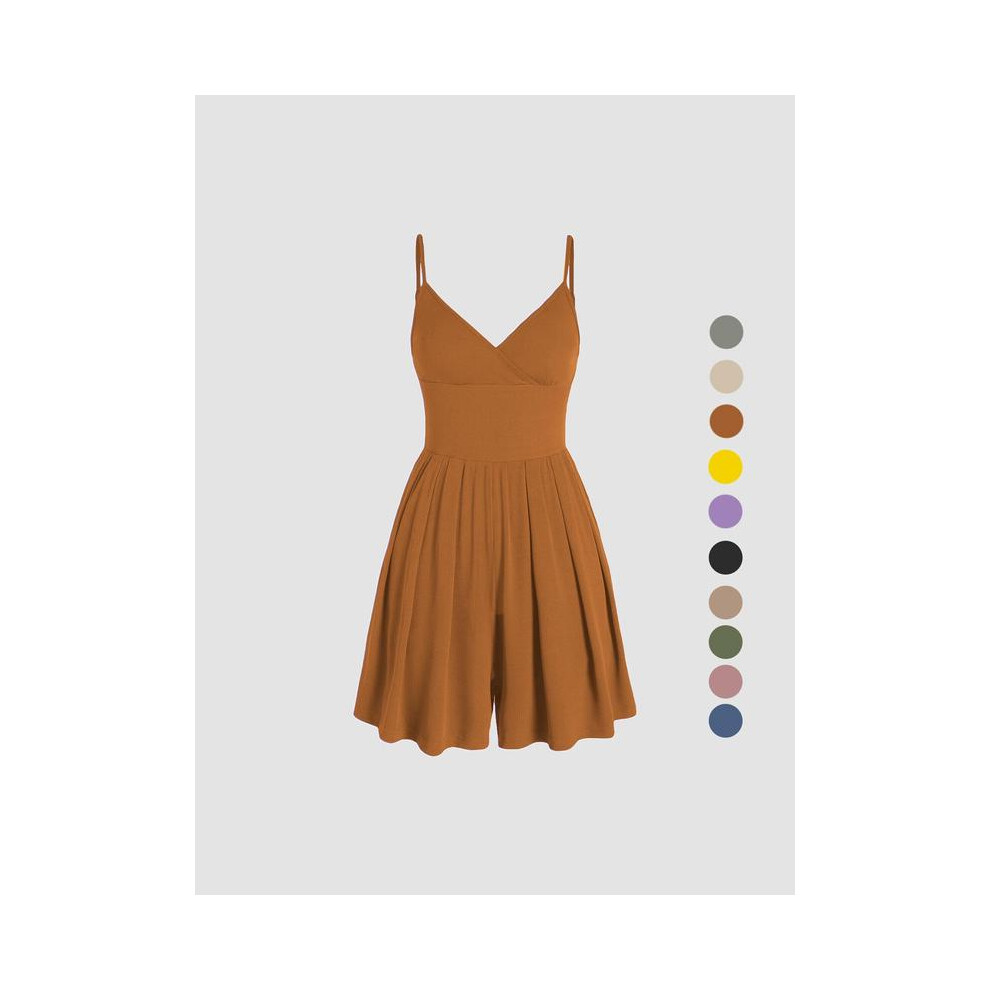 (Brown, XL) Women's Plain Backless Wrap Cami Romper, Casual Adjustable Spaghetti Strap Wide Leg Romper, Summer Outfits 2024, Ladies Clothes for Daily-image-OPC-PHD6SDY-NEW