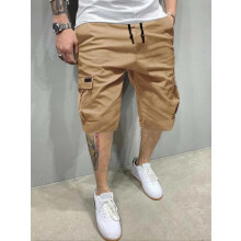 (Khaki, L) Men's Regular Fit Solid Patched Pocket Drawstring Waist Cargo Shorts, Casual Comfy Elastic Waist Plain Shorts for Outdoor Daily Wear,Tracksuit Bottoms