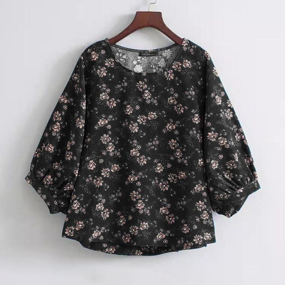 (S, black) ZANZEA Women Summer Round Neck Long Sleeve Floral Print Loose Blouses