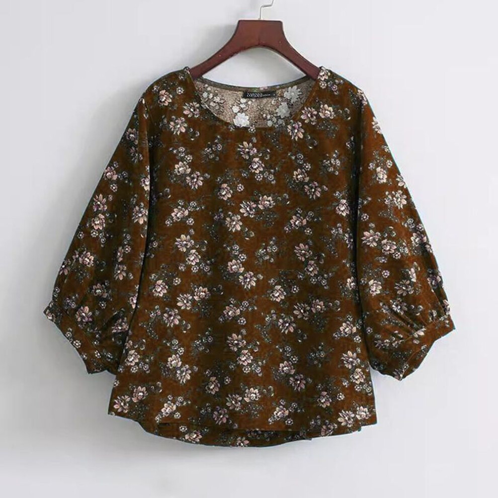 (S, brown) ZANZEA Women Summer Round Neck Long Sleeve Floral Print Loose Blouses