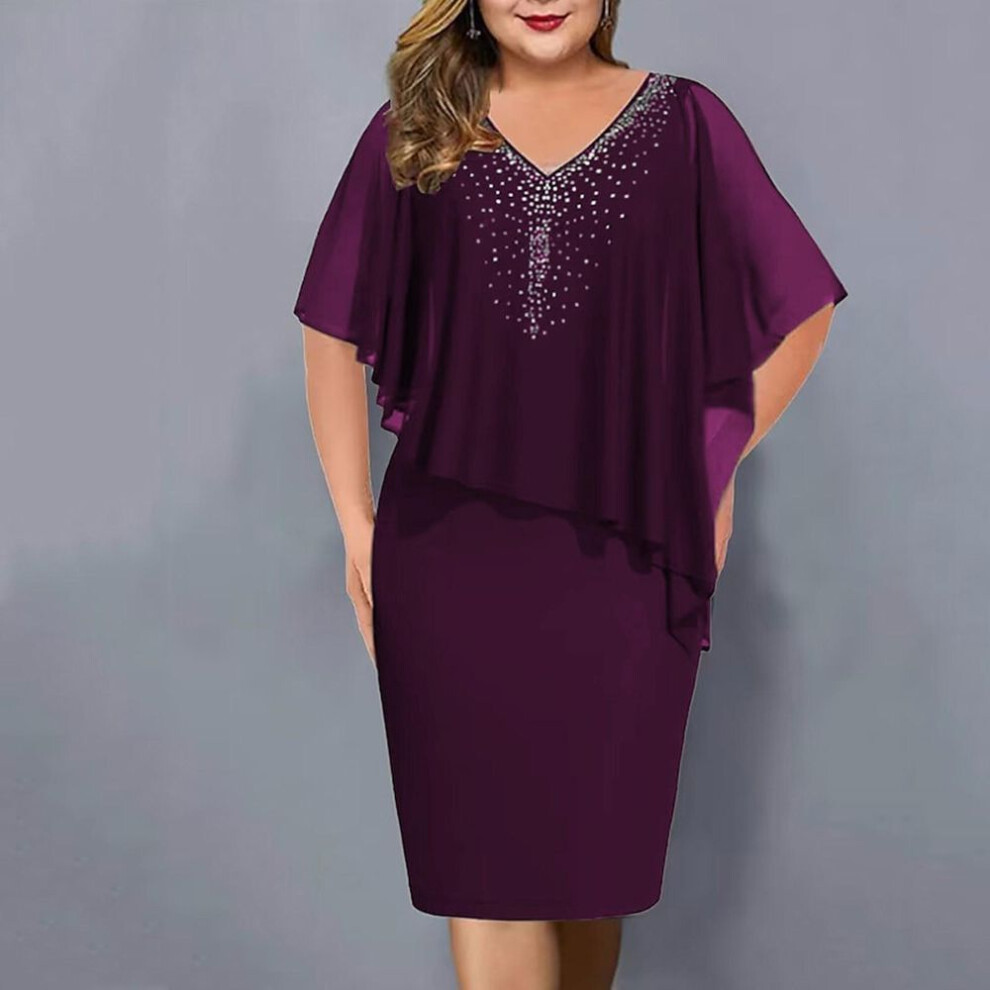 (purple, XXXXL) Women Plus Size V Neck Overlay Asymmetric Buttock Dress Chiffon Sequins Dress(S-5XL)