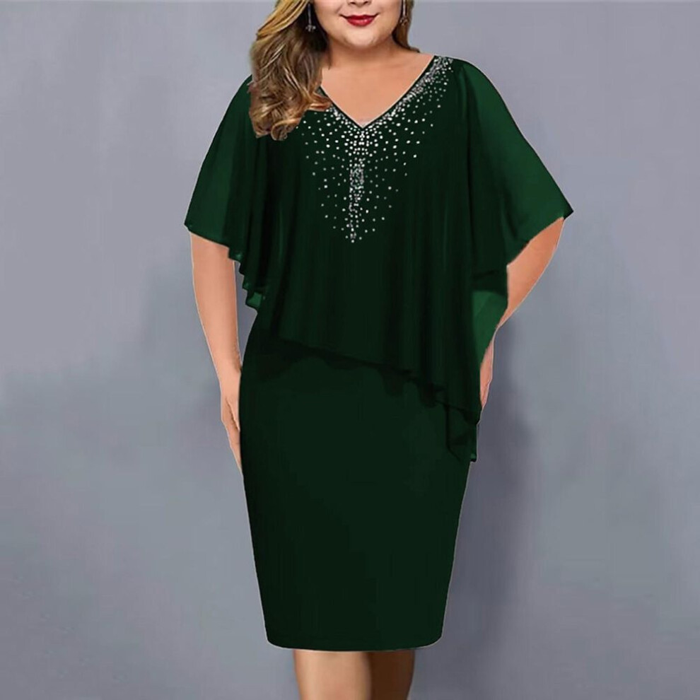 (dark green, XXXXXL) Women Plus Size V Neck Overlay Asymmetric Buttock Dress Chiffon Sequins Dress(S-5XL)